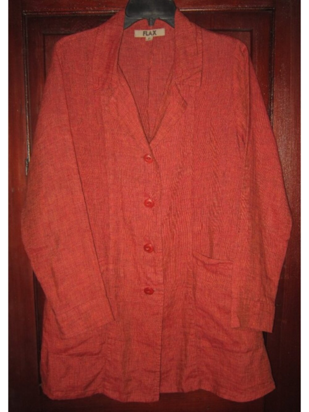 FLAX Size P S Petite Linen Duster Jacket Coat Rust Orange Pockets Topper Button